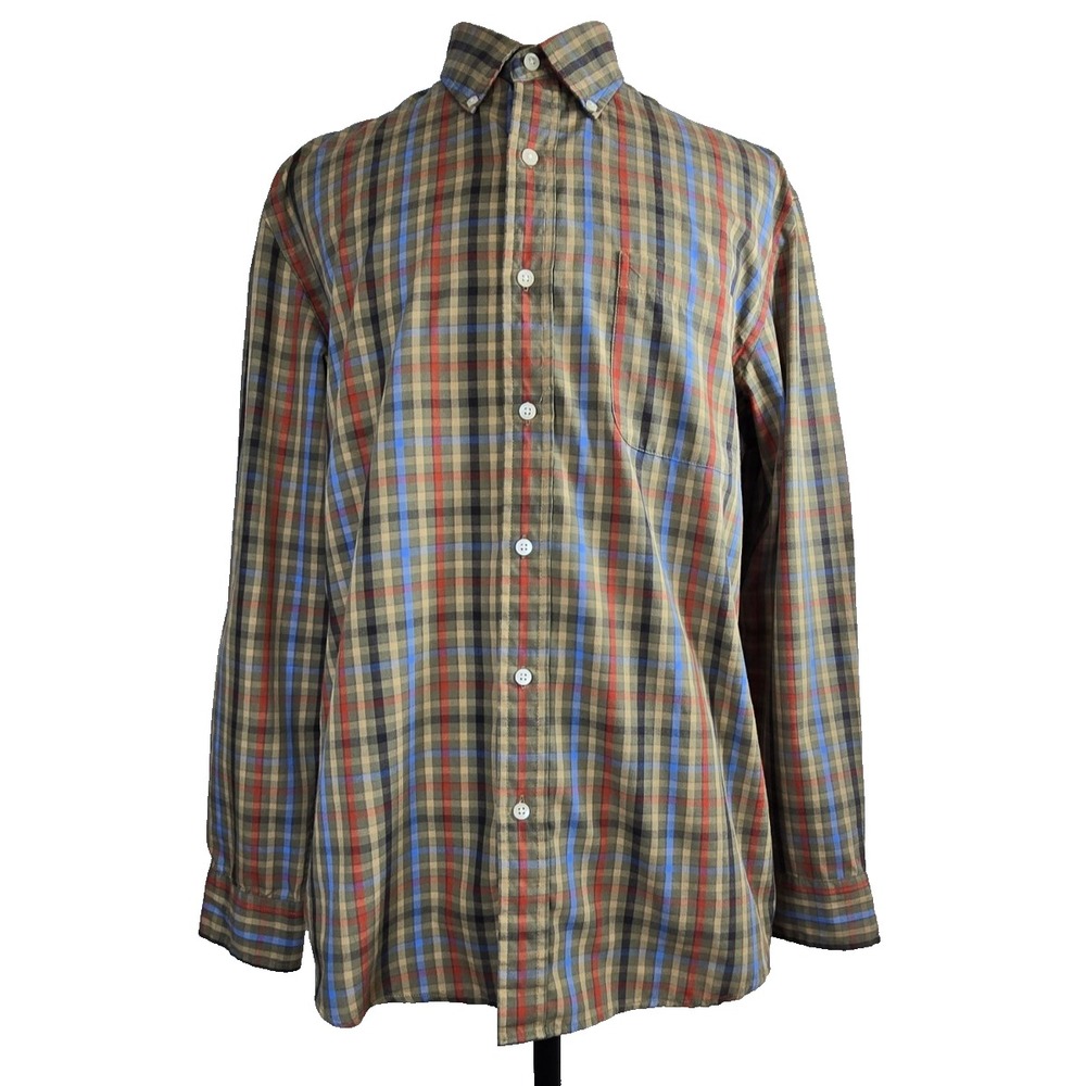 Saddlebred Mens Shirt Large Olive Green Plaid Long Sleeve Button Down